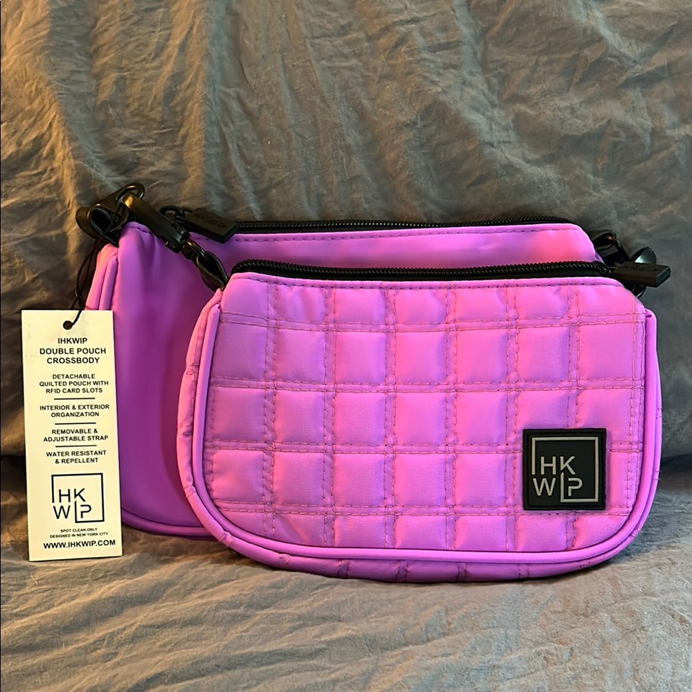 Vibrant Pink Quilted Crossbody Bag with Black Accents
